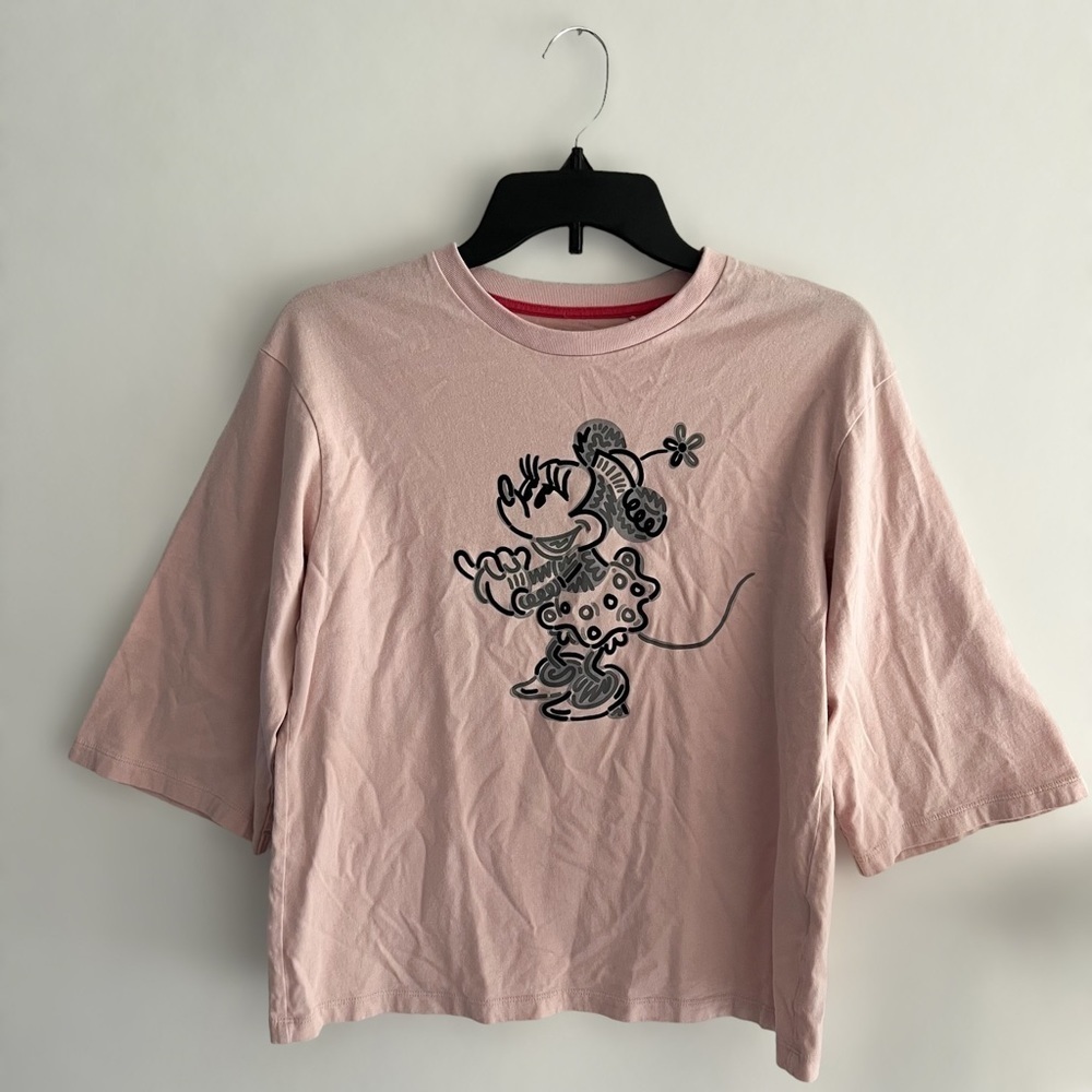 Disney x Uniqlo Pink Womens Minnie Mouse Velvet Embroidered T-Shirt Sz S Kidcore